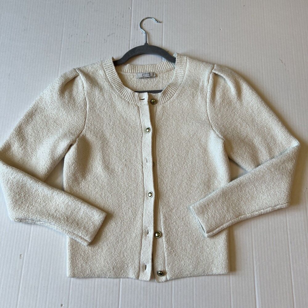 AYR The Uptown Girl Ivory Organic Cotton Cardigan Gold Buttons Women's S EUC - Picture 3 of 7